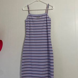 small nike, fitted, maxi dress, striped purple,pink,and navy